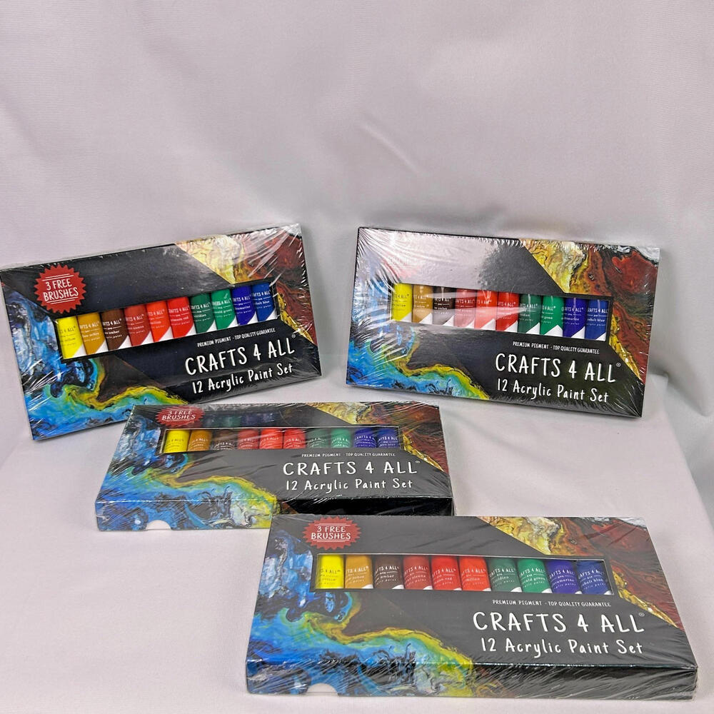 Crafts 4 All 12 Acrylic Paint Set w/ 3 Brushes Artist Paint Lot of 4 NWT